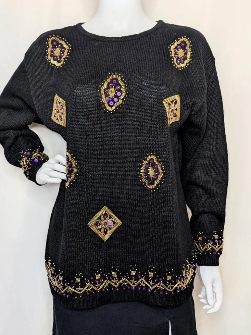 Vintage Marnie West Black Purple Beaded Sequin Sweater | L - Picture 2 of 12